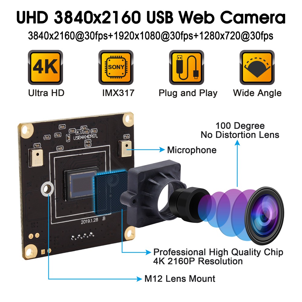 ELP 4K USB Camera 3840x2160P Sony IMX317 Mini Camera Module USB 