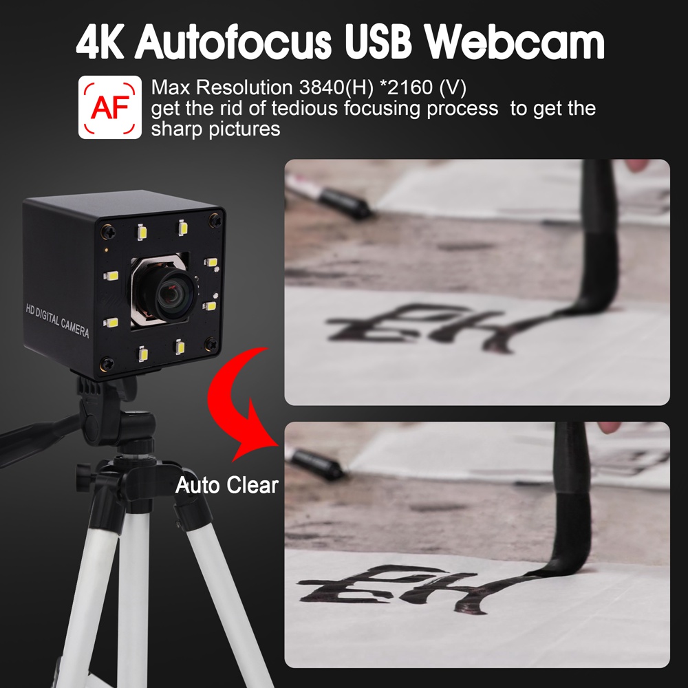 ELP IMX415 Webcam 4K avec mise au point automatique 3840x2160@30fps USB Vision nocturne Objectif sans distorsion Capteur Ultra HD Caméra USB4K02AF-KL100W 