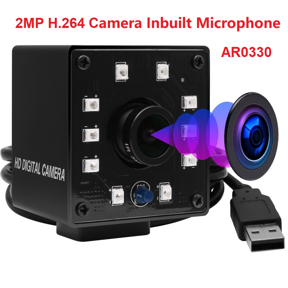 ELP 2MP USB Camera 1920x1080P 30fps H.264 MJPEG CMOS Sensor AR0330 Color Infrared IR LED FHD Industrial Box Webcam Camera Inbuilt Microphone