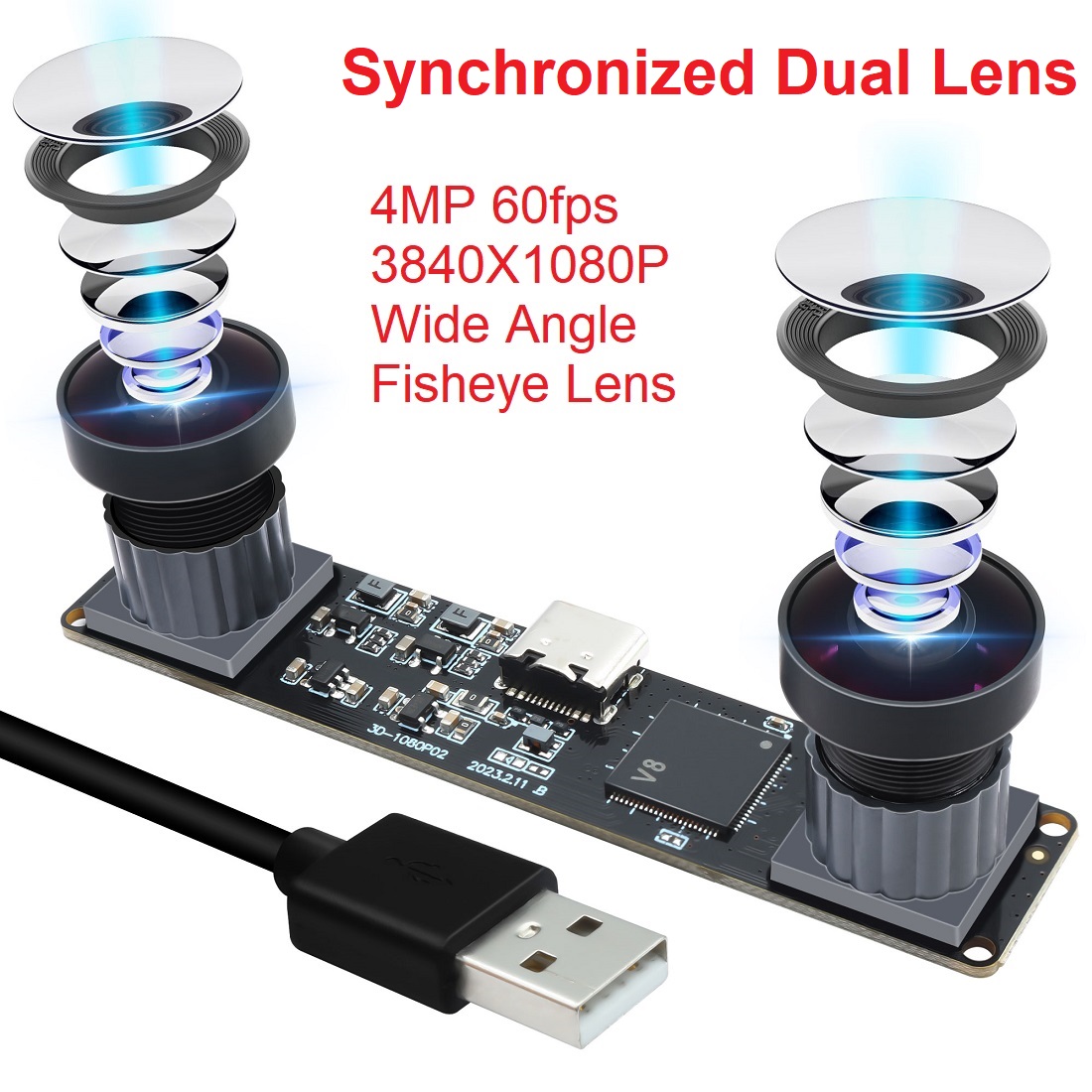 ELP 4MP Stereo Synchronous Dual Fisheye Lens Wide Angle 3840x1080P 60fps High Speed USB Camera Module for 3D VR Camera
