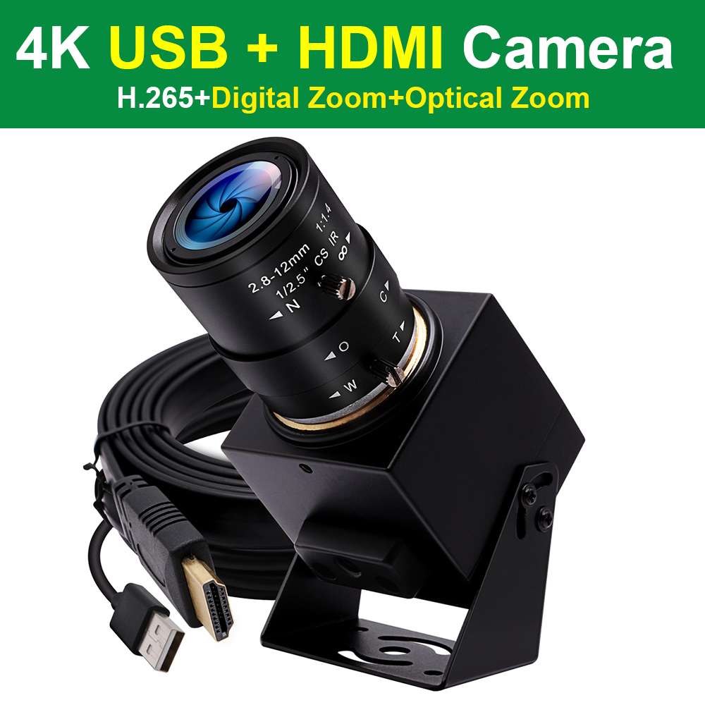 ELP 4K Ultra HD Camera HDMI+USB Simultaneously Output Live Streaming Webcam Recording 30fps/2160P/1080P Webcam Camera Sony IMX415 Color USB Camera Industry C/CS-Mount 2.8-12mm Manual Zoom Camera Digital Zoom