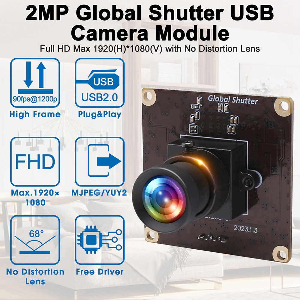 ELP 2MP Color Global Shutter USB Camera No Distortion Lens High Frame Rate 90fps Full HD USB Webcam Camera Module